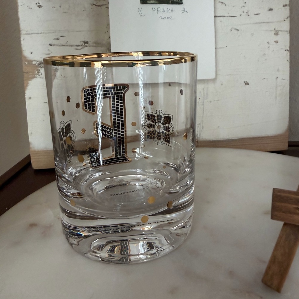 By Anthropologie Bistro Monogram E Tumbler 24K Gold Rim/Decals Old Fashioned - Picture 4 of 6